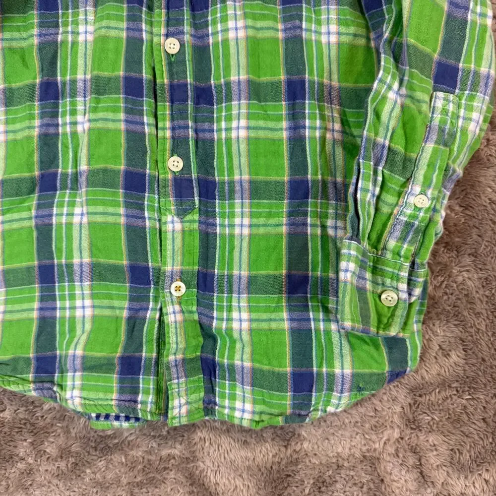 Gap Kids Double Weave Green Plaid button Down Shirt L 10 Boys Convertible